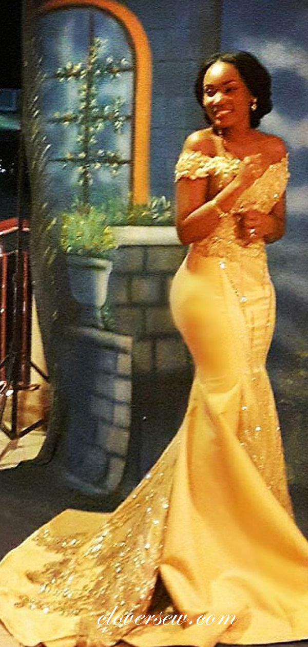 Off The Shoulder Yellow Satin Bead Applique Mermaid Prom Dresses, CP0551