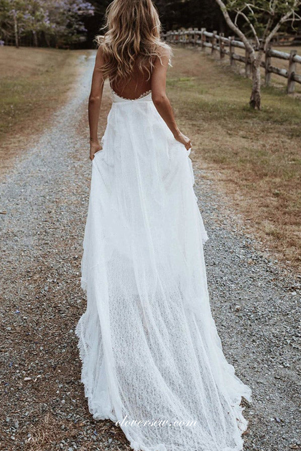 Off White Bohemian Lace Backless Deep V-neck With High Slit Wedding Dresses, CW0343