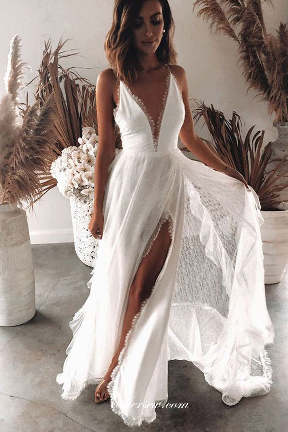 Off White Bohemian Lace Backless Deep V-neck With High Slit Wedding Dresses, CW0343