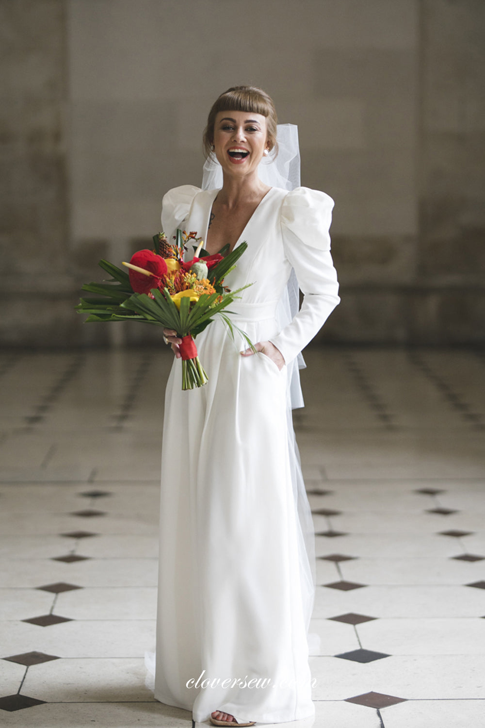 Off White Deep V-neck Long Sleeves Fashion Wedding Jumpsuit, CW0244 US0 / As Pic Off White Deep V-neck Long Sleeves Fashion Wedding Jumpsuit, CW0244 US0 / As Pic