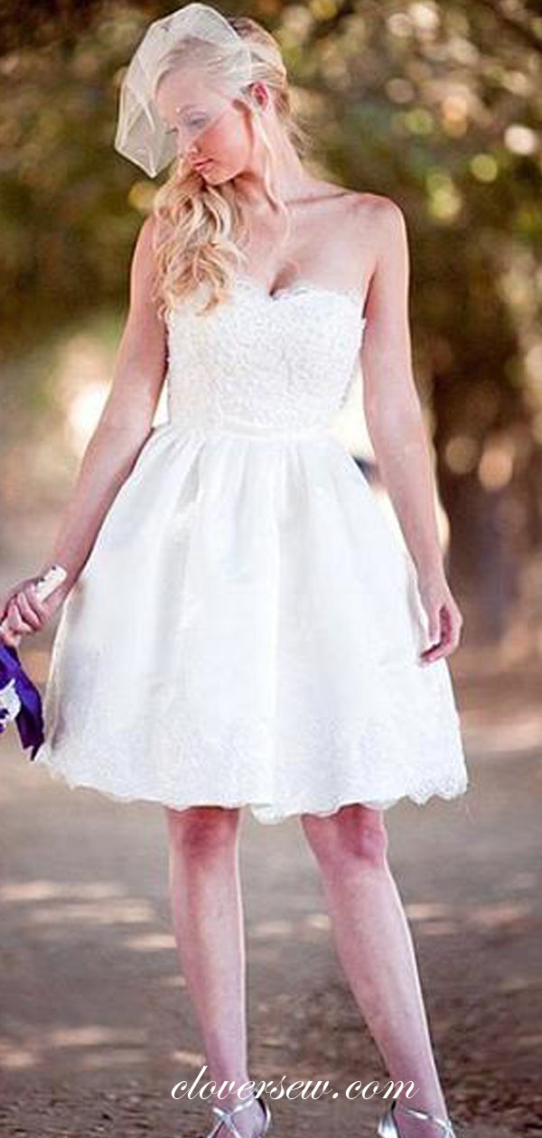 Off White Lace Sweetheart Strapless Short Wedding Dresses,CW0132
