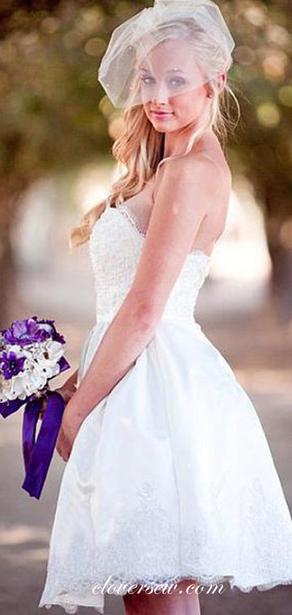 Off White Lace Sweetheart Strapless Short Wedding Dresses,CW0132