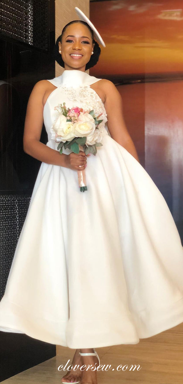 Off White Satin High Neck With Bowknot Ankle Length Bridesmaid Dresses clover sew Off White Satin High Neck With Bowknot Ankle Length Bridesmaid Dresses clover sew