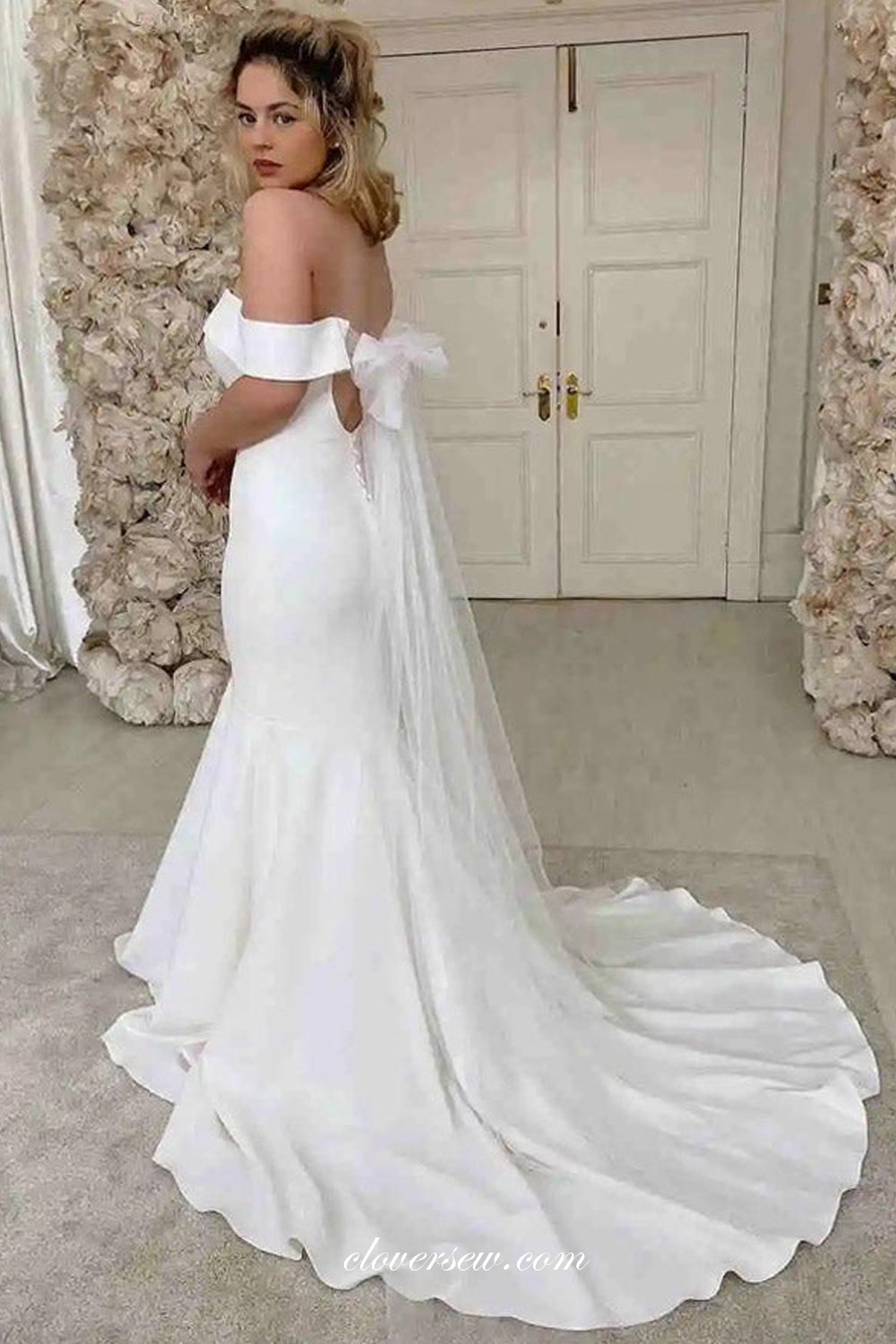 Off White Satin Simple Off The Shoulder Mermaid With Bowknot Train Wedding Dresses, CW0335
