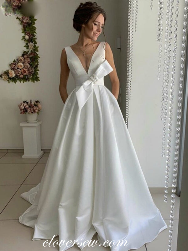 Off White Satin V-neck Backless A-line Wedding Dresses ,CW0126