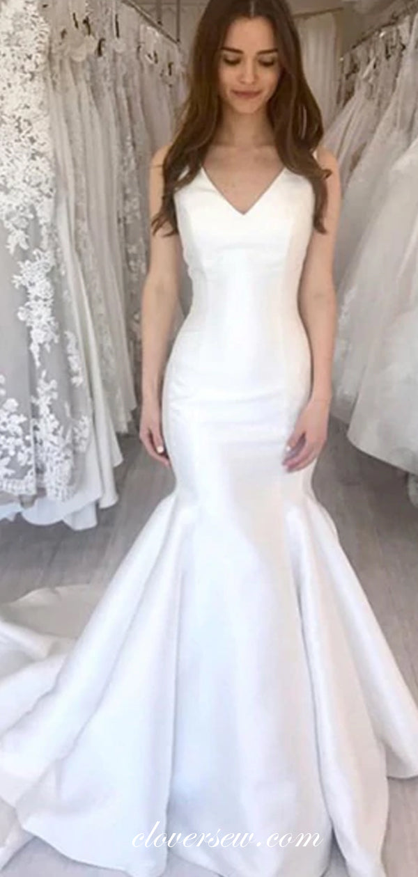 Off White Satin V-neck Mermaid Elegant Wedding Dresses,CW0155