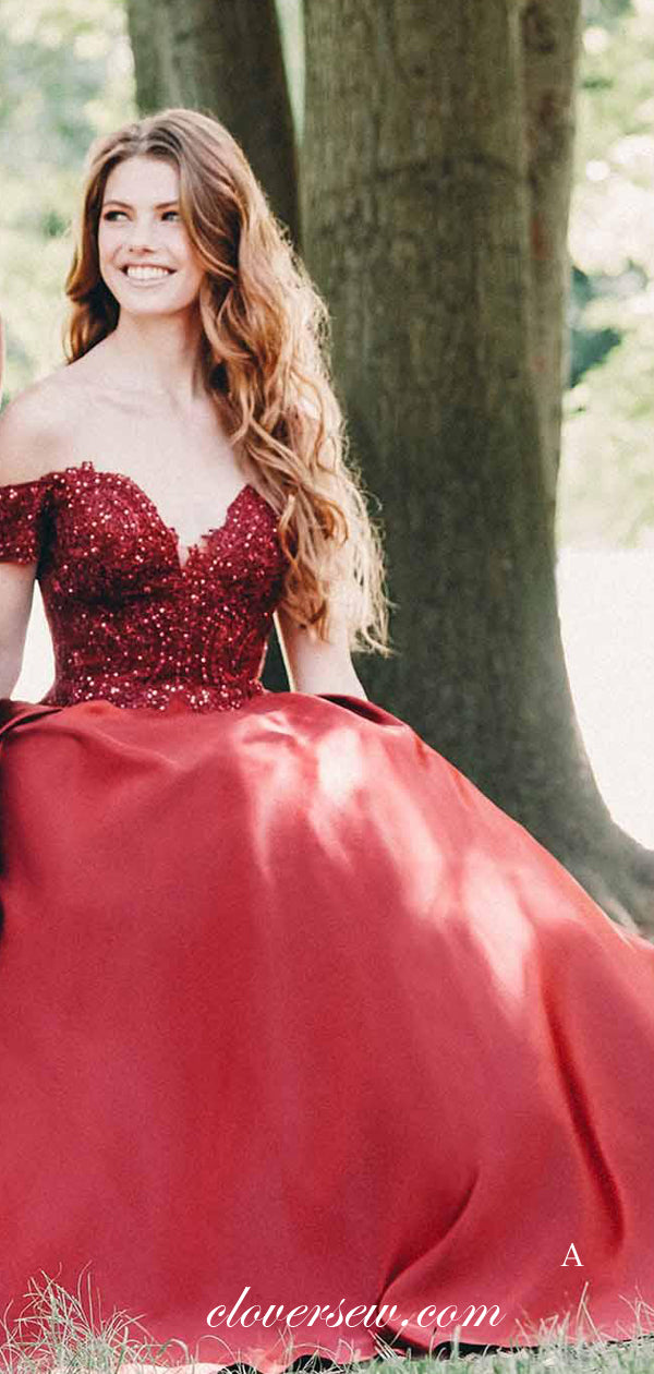 Off The Shoulder Bead Lace Top Satin A-line Prom Dresses,CP0187