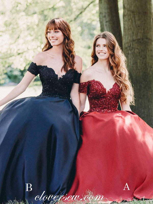 Off The Shoulder Bead Lace Top Satin A-line Prom Dresses,CP0187
