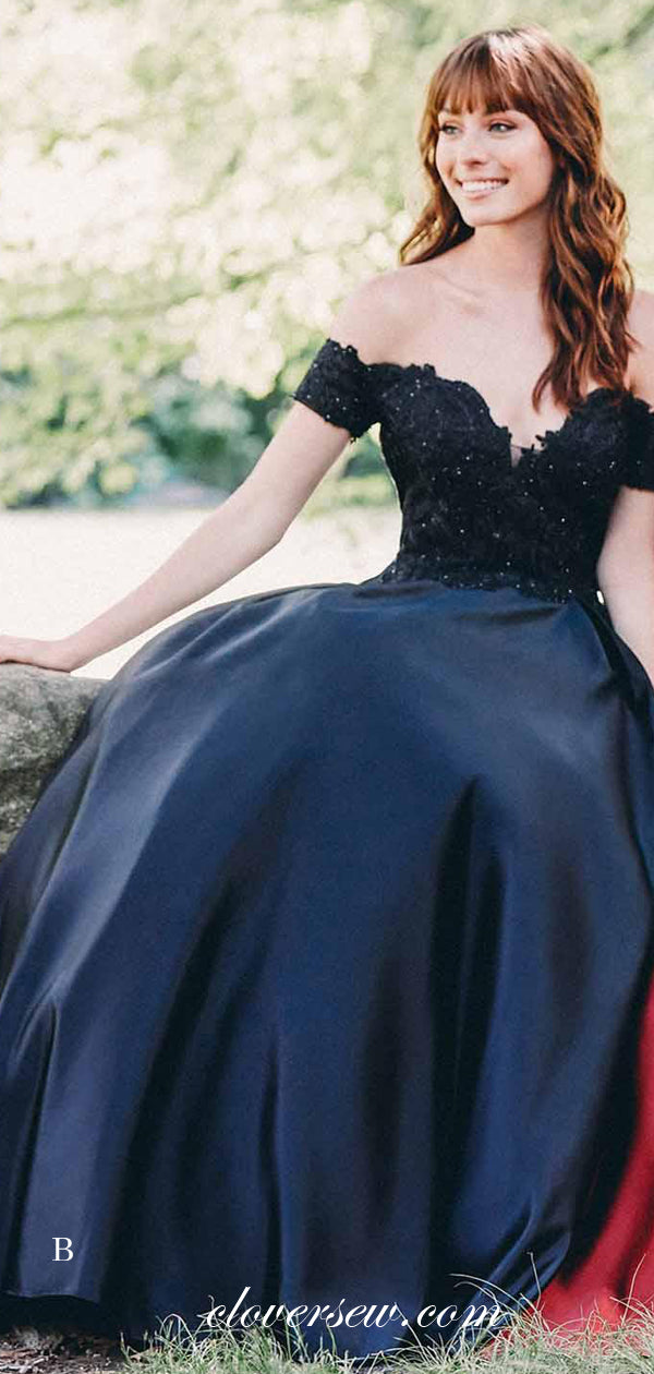 Off The Shoulder Bead Lace Top Satin A-line Prom Dresses,CP0187