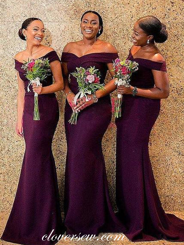 Off The Shoulder Dark Purple Mermaid Long Bridesmaid Dresses,CB0112