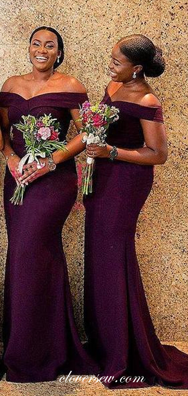 Off The Shoulder Dark Purple Mermaid Long Bridesmaid Dresses,CB0112