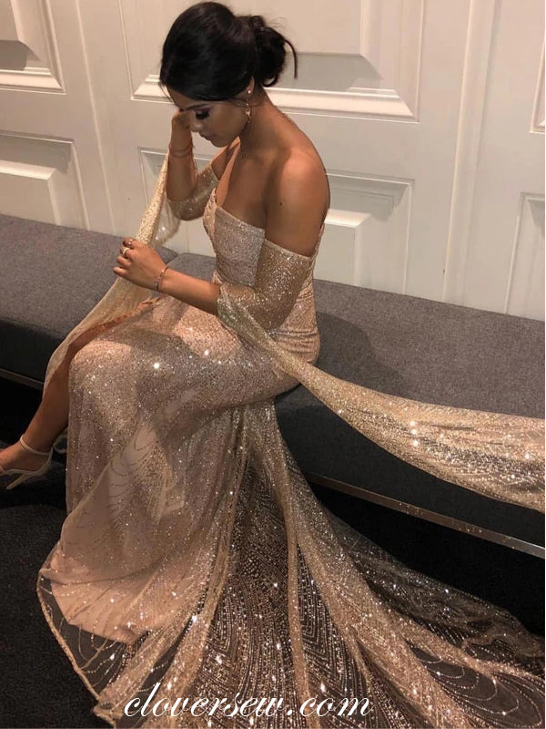 Off The Shoulder Gold Sequin Long Sleeves Mermaid Prom Dresses ,CP0137