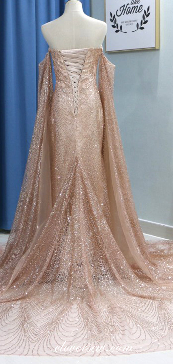 Off The Shoulder Gold Sequin Long Sleeves Mermaid Prom Dresses ,CP0137