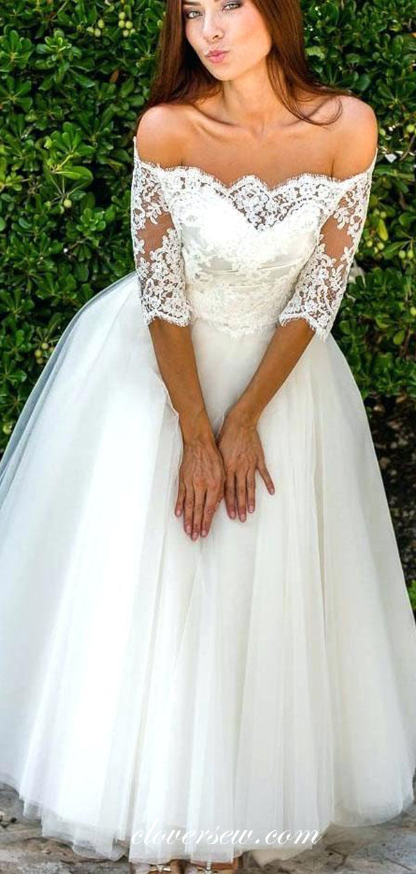Off The Shoulder Half Sleeves Lace Tulle A-Line Wedding Dresses ,CW0100 US14 / Custom Color(Leaving A note) Off The Shoulder Half Sleeves Lace Tulle A-Line Wedding Dresses ,CW0100 US14 / Custom Color(Leaving A note)