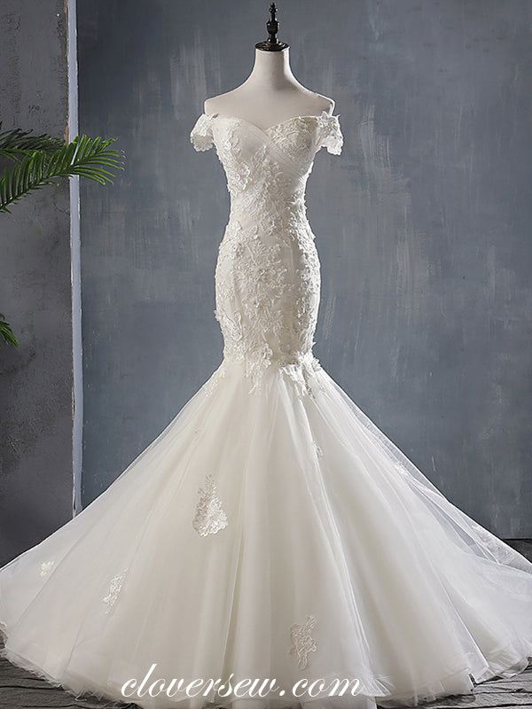 Off The Shoulder Lace Applique Mermaid Elegant Wedding Dresses, CW0072
