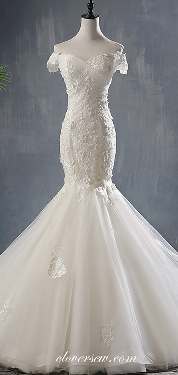 Off The Shoulder Lace Applique Mermaid Elegant Wedding Dresses, CW0072