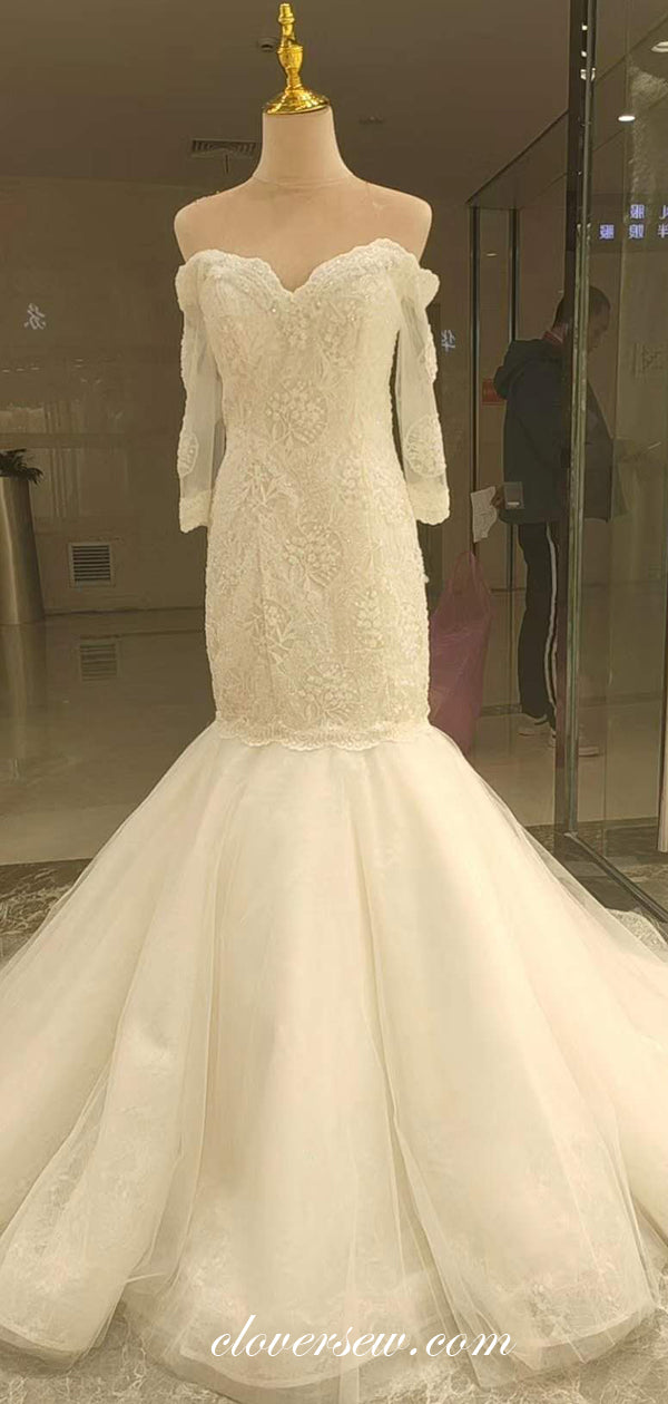 Off The Shoulder Long Sleeves Bead Lace Mermaid Wedding Dresses ,CW0083