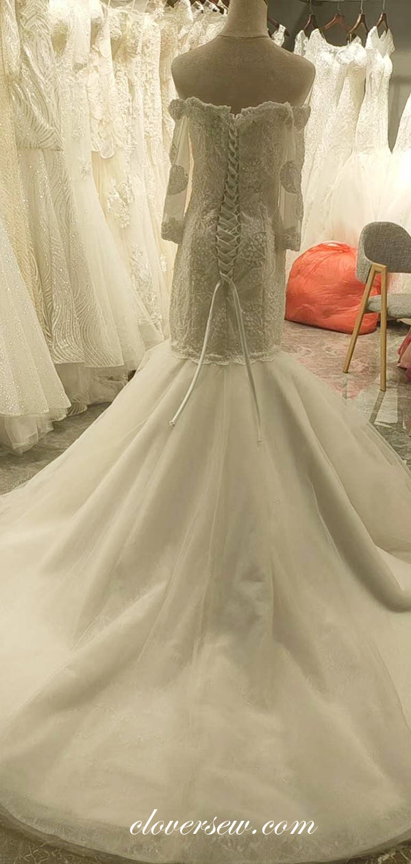 Off The Shoulder Long Sleeves Bead Lace Mermaid Wedding Dresses ,CW0083