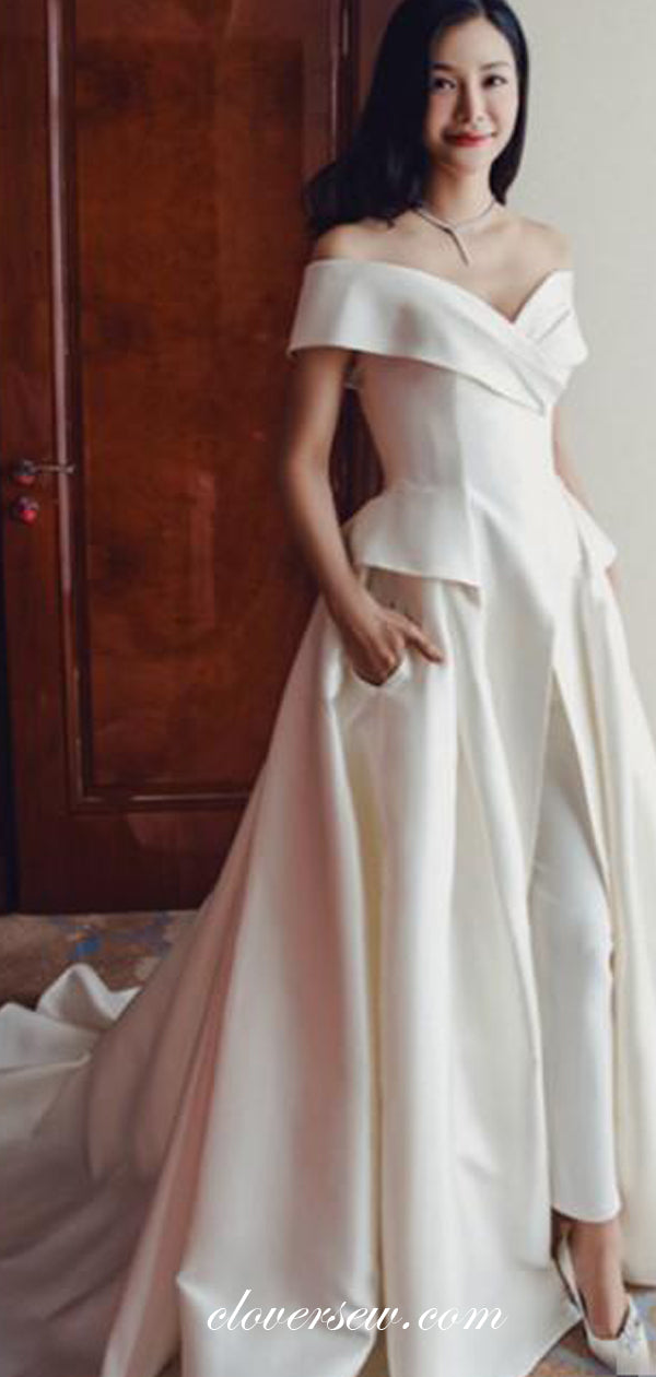 Off The Shoulder Satin Two Piece Pants Wedding Dresses ,CW0089 clover sew Off The Shoulder Satin Two Piece Pants Wedding Dresses ,CW0089 clover sew