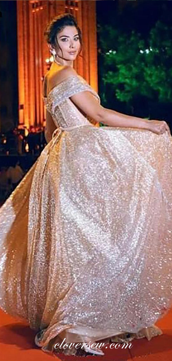 Off The Shoulder Sequin Tulle A-line Shiny Prom Dresses,CP0466