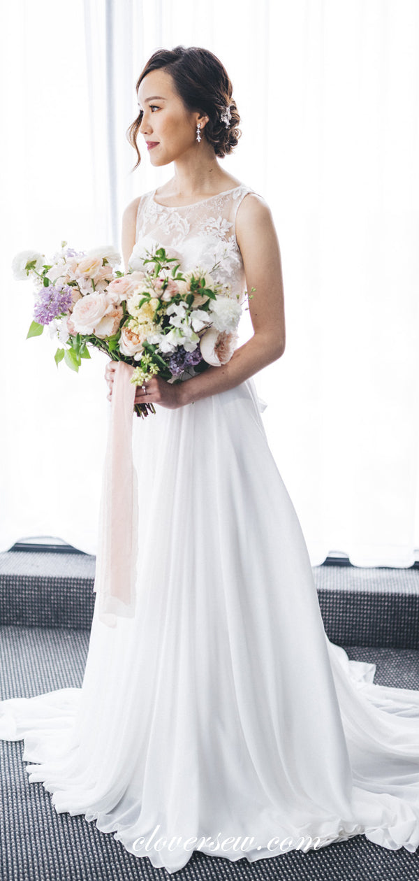 Off White Chiffon Lace Keyhole Open Back A-line Wedding Dresses , CW0019