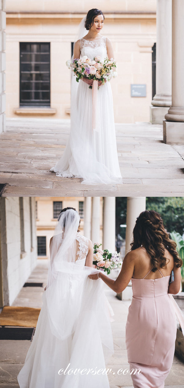 Off White Chiffon Lace Keyhole Open Back A-line Wedding Dresses , CW0019