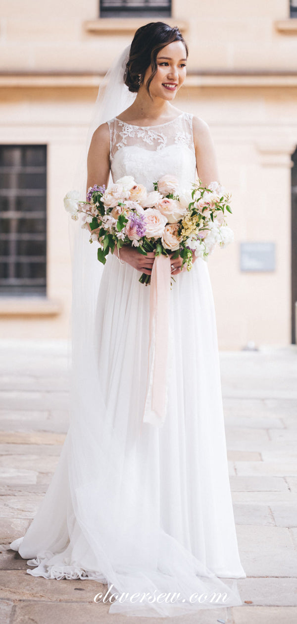 Off White Chiffon Lace Keyhole Open Back A-line Wedding Dresses , CW0019