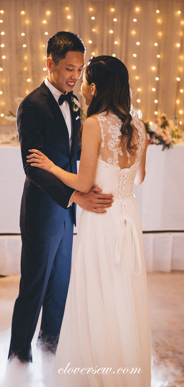 Off White Chiffon Lace Keyhole Open Back A-line Wedding Dresses , CW0019