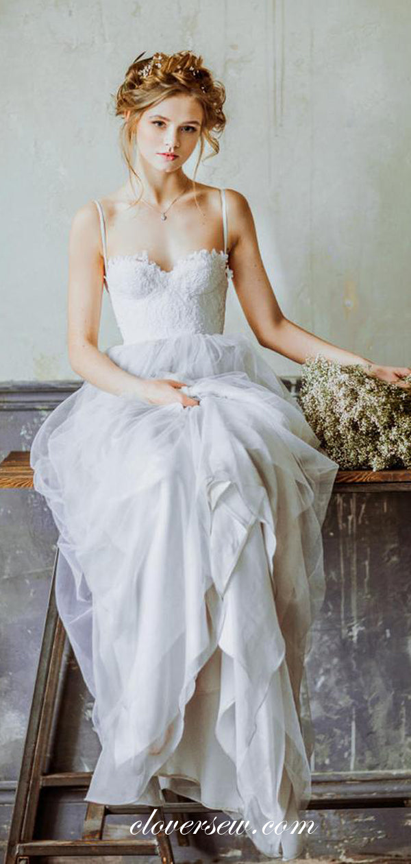 Off White Lace Spaghetti Strap A-line Wedding Dresses, CW0051