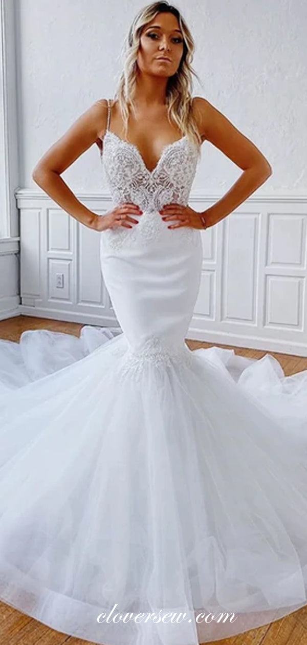 Off White Lace Tulle Mermaid Spaghetti Strap Elegant Wedding Dresses,CW0099