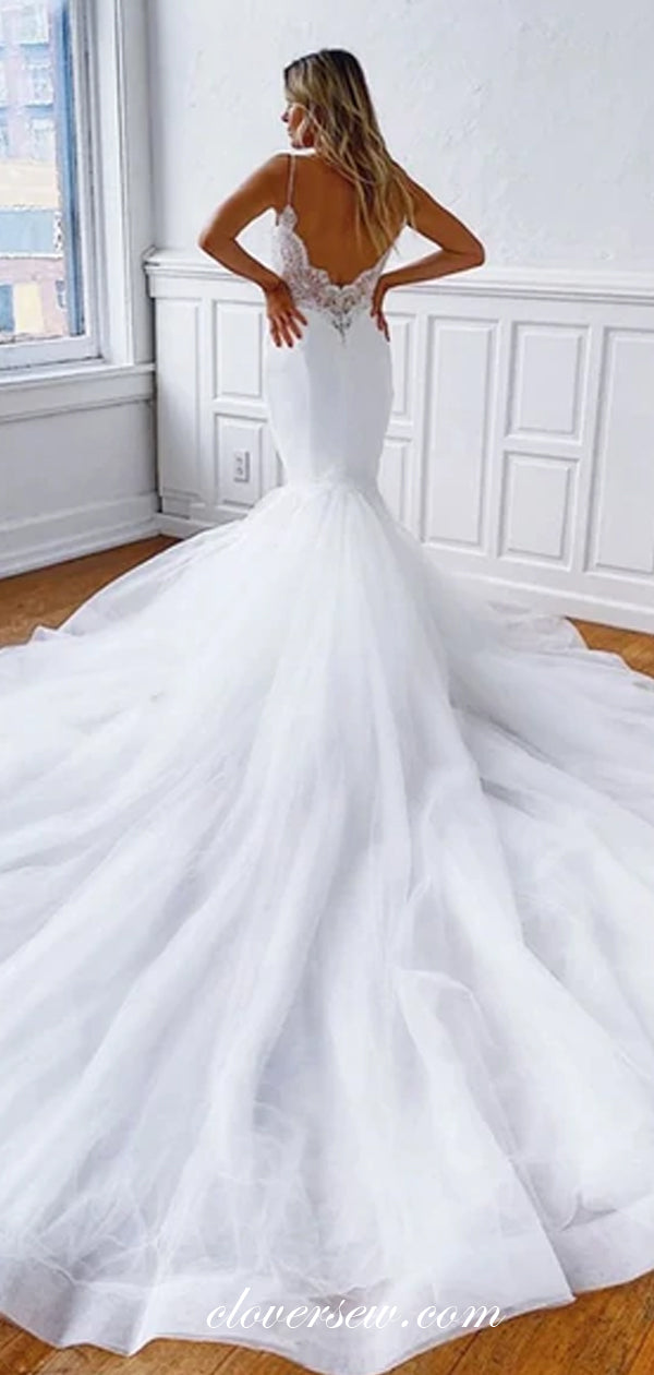 Off White Lace Tulle Mermaid Spaghetti Strap Elegant Wedding Dresses,CW0099