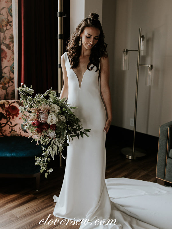 Off White V-neck V-back Column With Train Cheap Wedding Dresses, CW0014