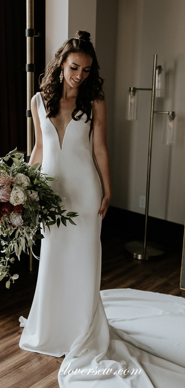Off White V-neck V-back Column With Train Wedding Dresses, CW0014
