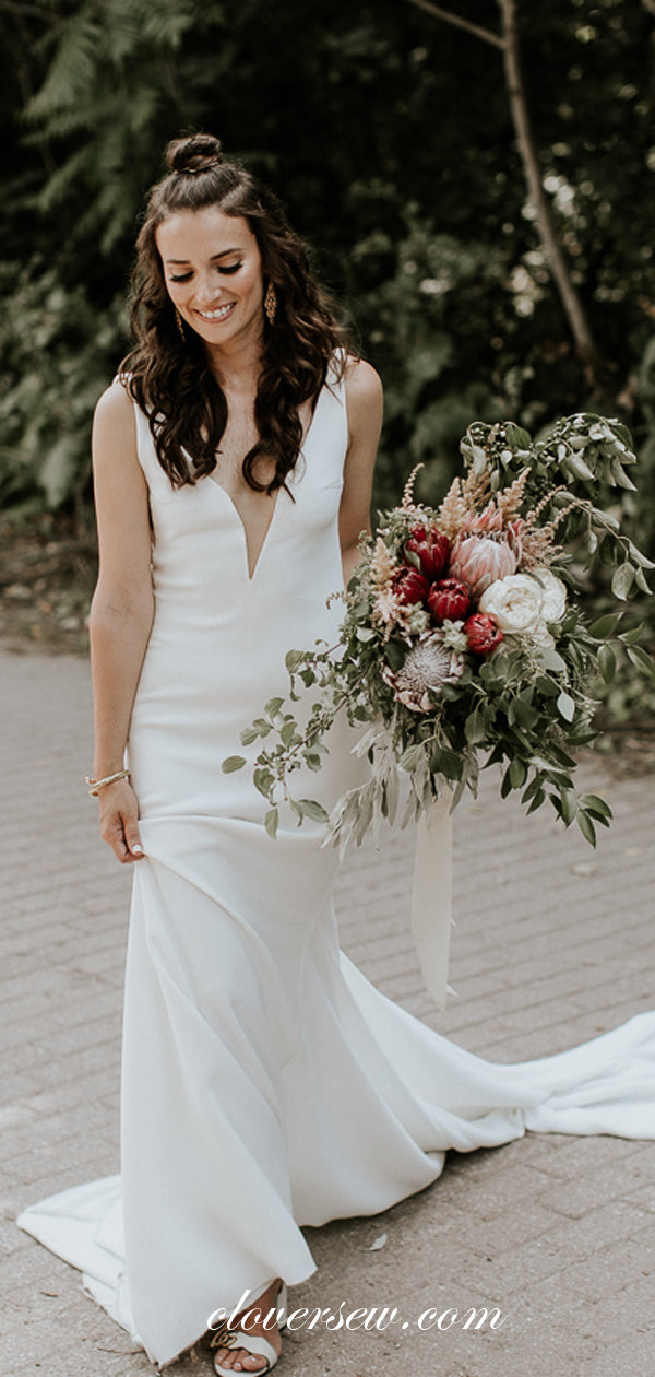 Off White V-neck V-back Column With Train Wedding Dresses, CW0014