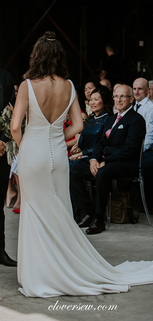 Off White V-neck V-back Column With Train Cheap Wedding Dresses, CW0014