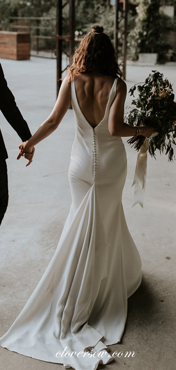 Off White V-neck V-back Column With Train Cheap Wedding Dresses, CW0014