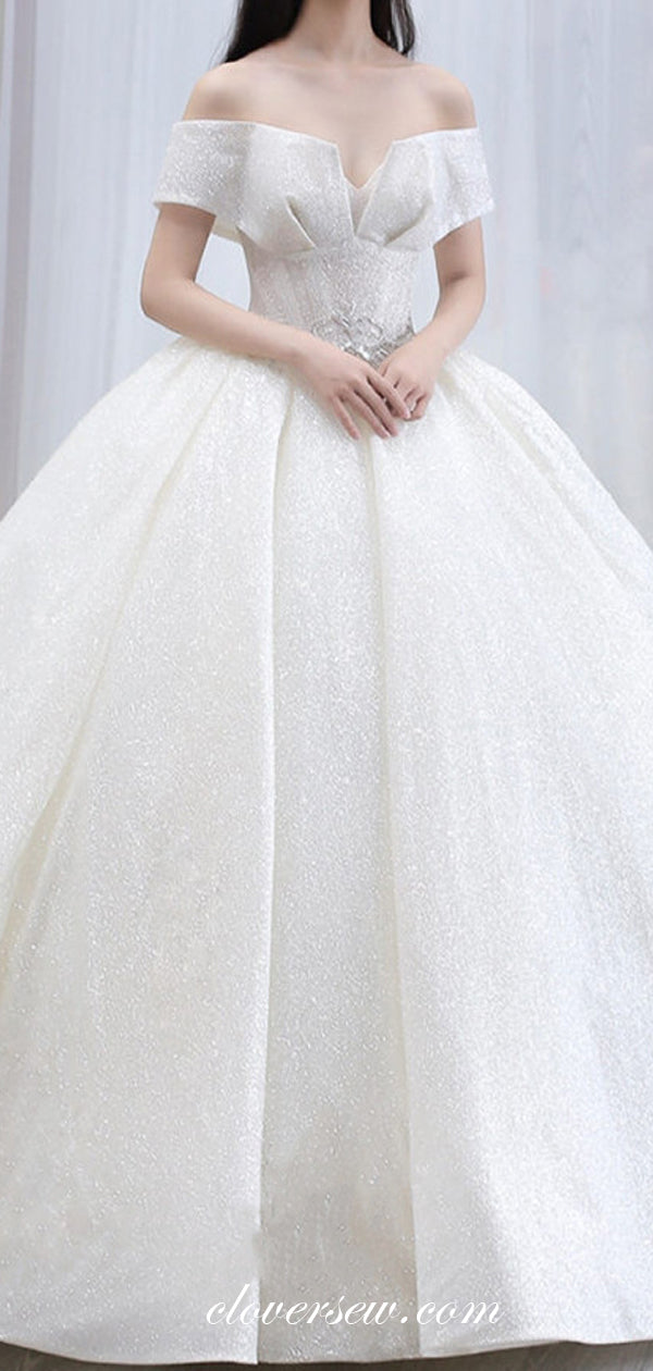 Off White Sequin Tulle Off The Shoulder Ball Gown Fashion Wedding Dresses, CW0074