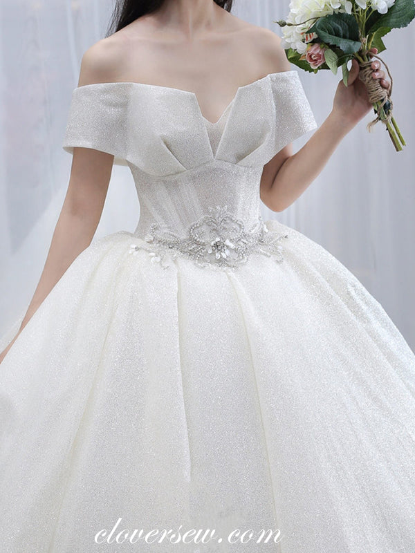 Off White Sequin Tulle Off The Shoulder Ball Gown Fashion Wedding Dresses, CW0074