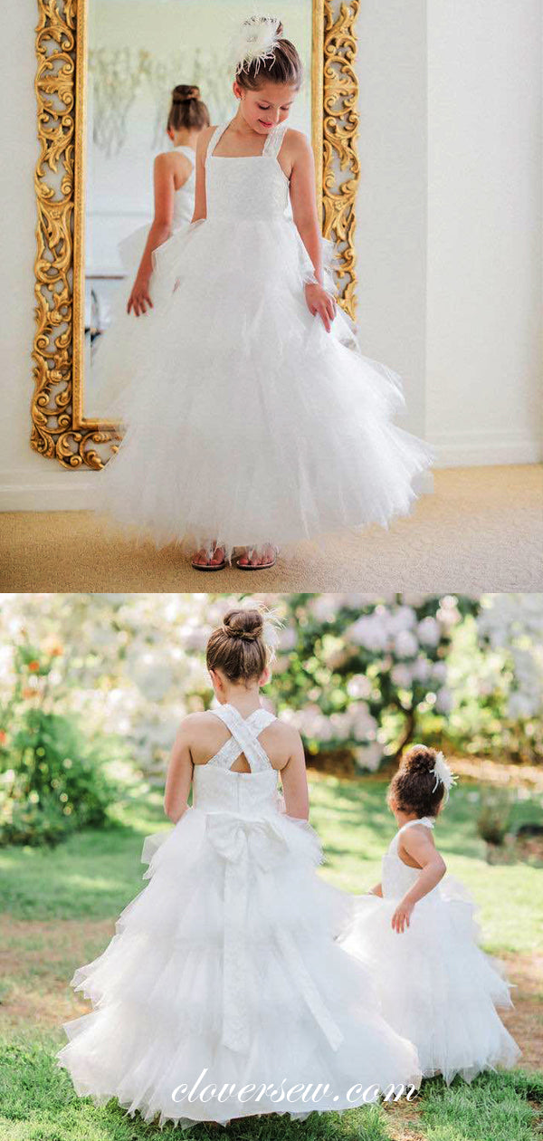 Off White Tulle Square Neck Tiered A-line Flower Girl Dresses, CF0004