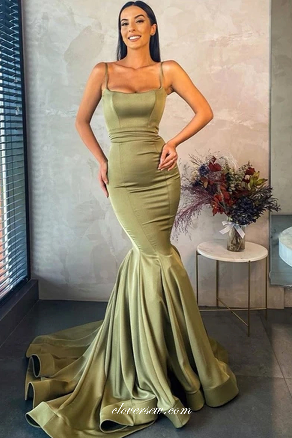 Olive Green Mermaid Spaghetti Strap Square Neck Prom Dresses, CP0705 –  clover sew