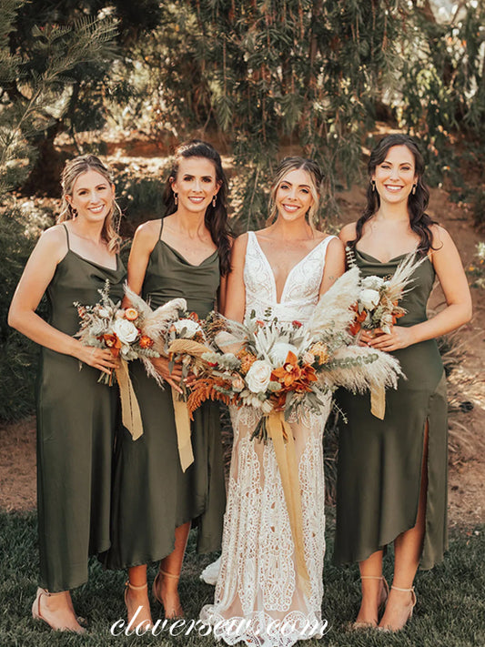 Olive Green Shiny Elastic Satin High Low Slit Bridesmaid Dresses, CB0249