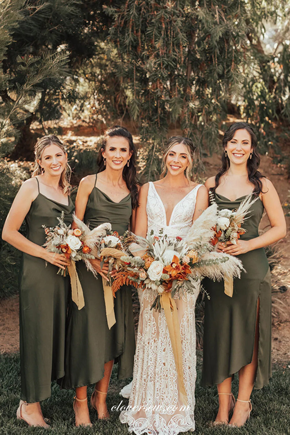 Olive Green Shiny Elastic Satin High Low Slit Bridesmaid Dresses, CB0249