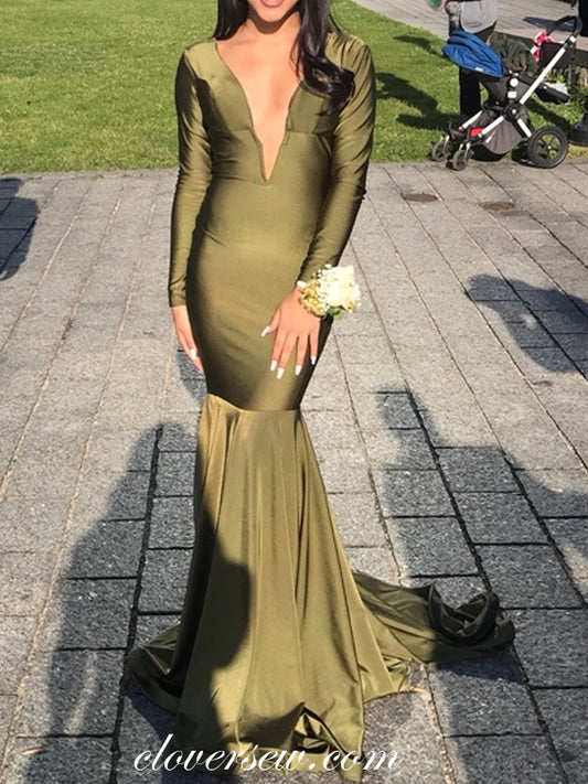 Oliver Green Long Sleeves V-neck Mermaid Formal Dresses,CP0706