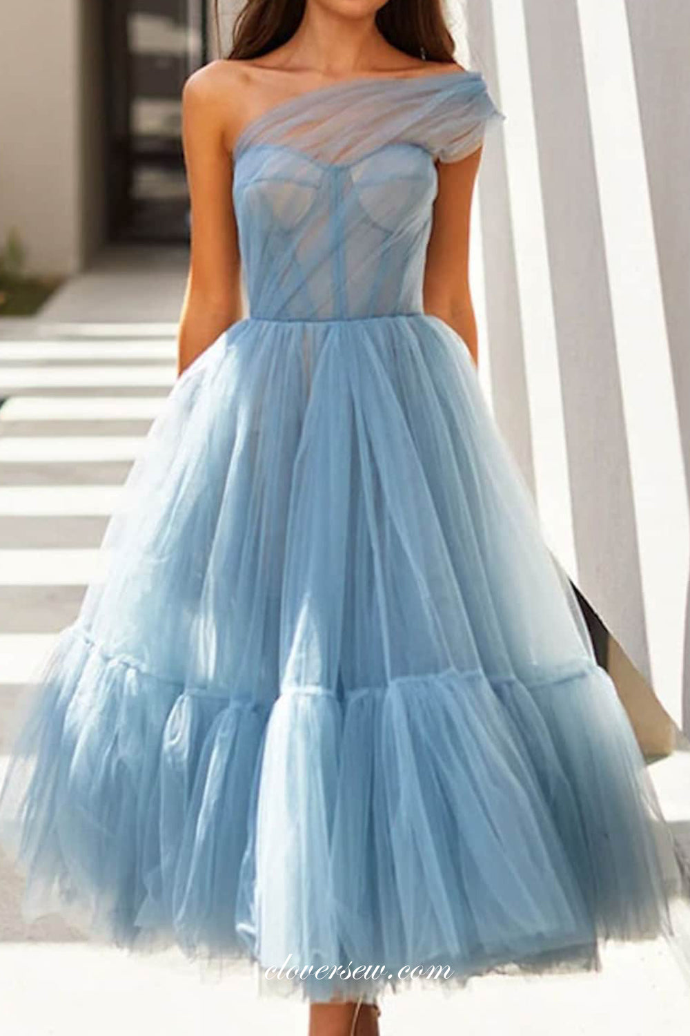 One Shoulder Blue Tulle Lace Up Back A-line Tea Length Prom Dresses, CP0791