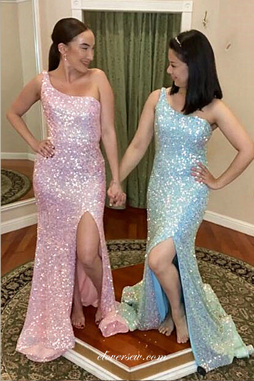 One Shoulder Sequin Backless Lace Up Back Mermaid Wuth Side Slit Prom Dresses, CP0931