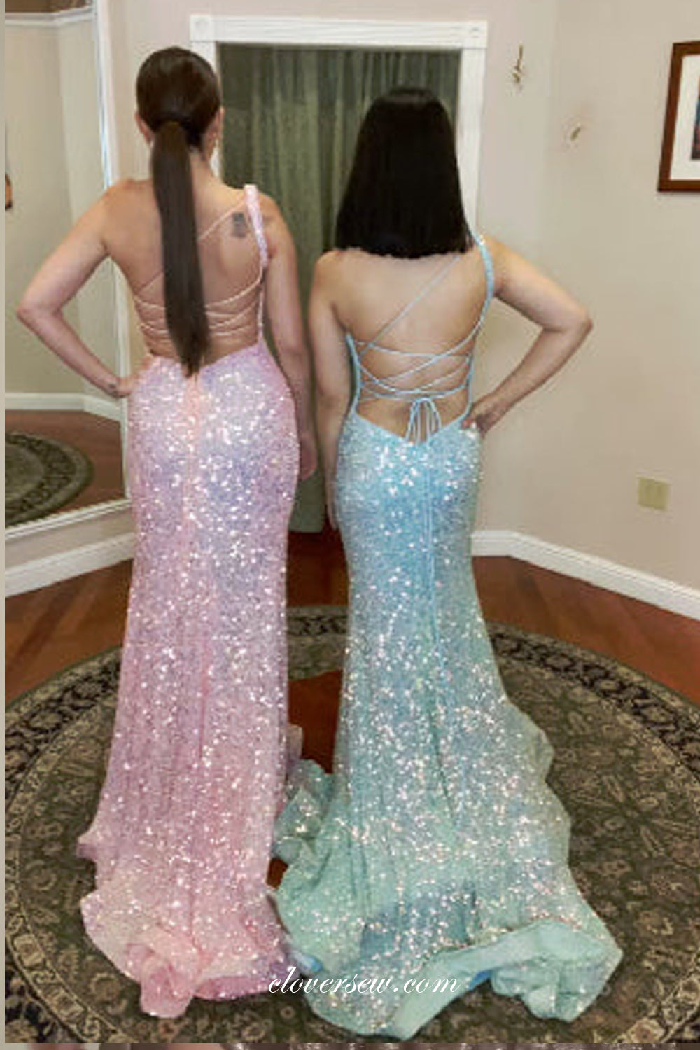 One Shoulder Sequin Backless Lace Up Back Mermaid Wuth Side Slit Prom Dresses, CP0931