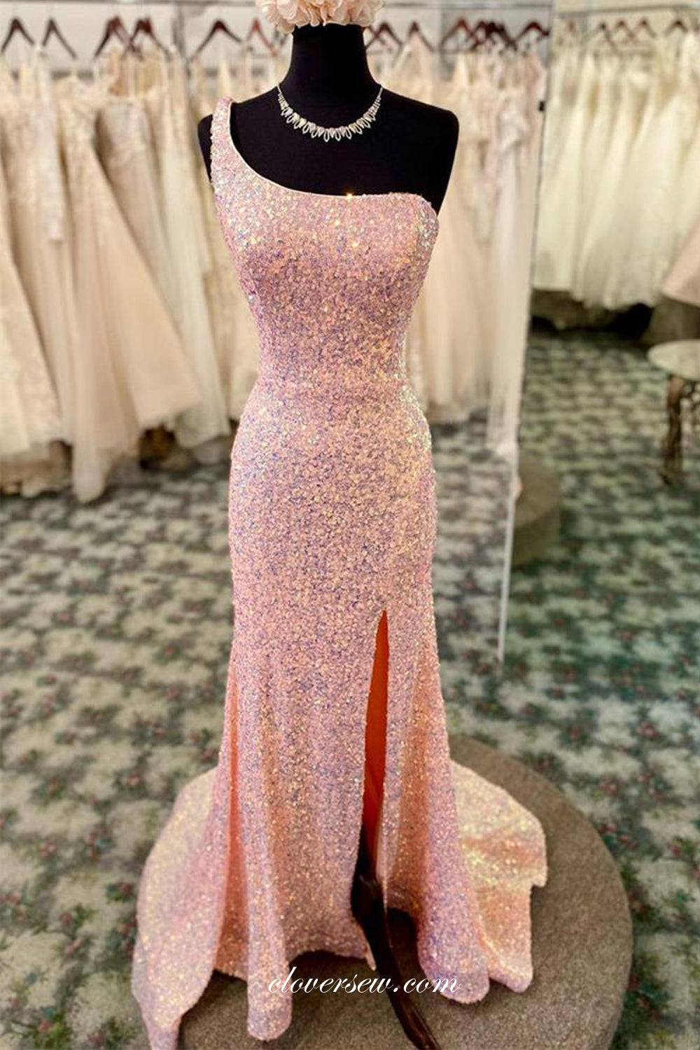 One Shoulder Sequin Backless Lace Up Back Mermaid Wuth Side Slit Prom Dresses, CP0931