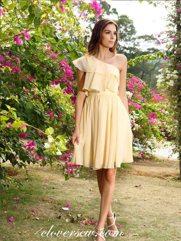 One Shoulder Yellow Chiffon A-line Short Bridesmaid Dresses,CB0172