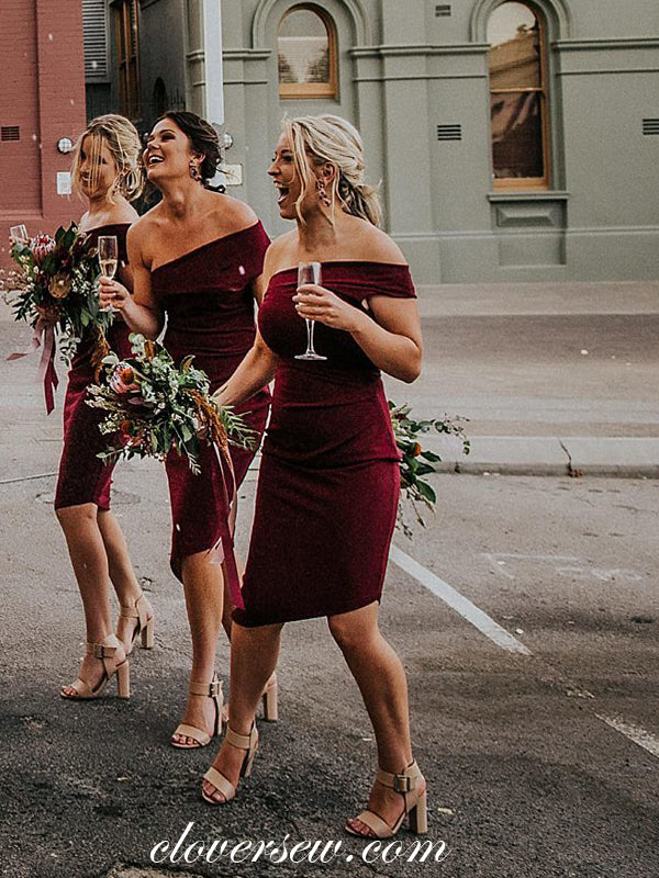 One Shoulder Burgundy Sheath High Low Knee Length Bridesmaid Dresses, clover sew One Shoulder Burgundy Sheath High Low Knee Length Bridesmaid Dresses, clover sew