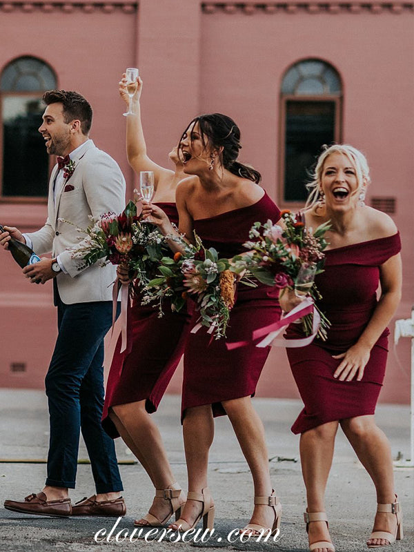 One Shoulder Burgundy Sheath High Low Knee Length Bridesmaid Dresses, CB0026 One Shoulder Burgundy Sheath High Low Knee Length Bridesmaid Dresses, CB0026